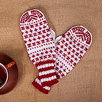 Knit mittens, 'Winter Red' - Handcrafted Wool Blend Knit Mittens in White and Red Hues