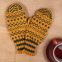 Knit mittens, 'Marigold Winter' - Armenian Marigold and Green Acrylic and Wool Knit Mittens