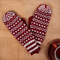 Knit mittens, 'Bold Snowflakes' - Snowflake-Themed Burgundy and White Wool Blend Knit Mittens