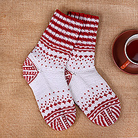 Knit socks, 'Winter Red' - Handmade Wool Blend Knit Socks in White and Red Hues