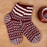 Knit socks, 'Bold Snowflakes' - Burgundy and White Acrylic and Wool Snowflake Knit Socks