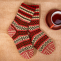 Knit socks, 'Cozy Steps' - Classic Patterned Red and Green Acrylic and Wool Knit Socks