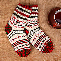 Knit socks, 'Festive Walk' - Red and White Acrylic and Wool Knit Socks Crafted in Armenia