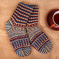 Knit socks, 'Winter Walk' - Armenian-Made Acrylic and Wool Knit Socks in Blue and Red