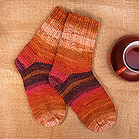 Knit socks, 'Evening Vibes' - Handcrafted Brown and Purple Acrylic and Wool Knit Socks