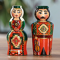 Wood figurines, 'Taraz Tradition' (set of 2) - Fair Trade Glazed 2-Piece Wood Taraz Couple Figurine Set