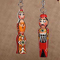 Wood keychains, 'Flaming Taraz' (set of 2) - Set of 2 Orange and Red Taraz Couple Beechwood Keychains