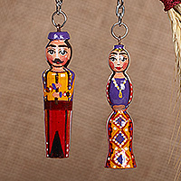 Wood keychains, 'Festive Taraz' (set of 2) - Glazed 2-Piece Yellow and Red Taraz Couple Wood Keychain Set