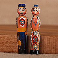 Wood magnets, 'Taraz Marriage in Blue' (set of 2) - Handmade Taraz Marriage 2-Piece Blue Beechwood Magnet Set