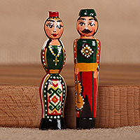 Wood magnets, 'Melodic Commitment' (set of 2) - Folk Art Set of 2 Music-Themed Taraz Wood Magnets in Green