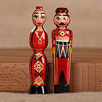 Wood magnets, 'Taraz Marriage in Red' (set of 2) - Artisan-Made Taraz Marriage 2-Piece Red Beechwood Magnet Set