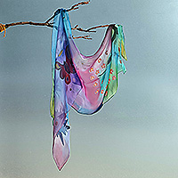 Silk scarf, 'Blossom Breeze' - Fantasy-Themed Floral Multicolor Silk Scarf Painted by Hand