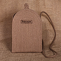 Cotton rope cell phone shoulder bag, 'Call in Camel' - Handwoven Camel Brown Cotton Blend Cell Phone Shoulder Bag