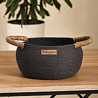 Cotton rope basket, 'Dark Essential' - Handcrafted Black Cotton Blend Basket with Jute Handles