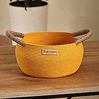 Cotton blend basket, 'Sunny Essential' - Artisan-Made Yellow Cotton Blend Basket with Jute Handles