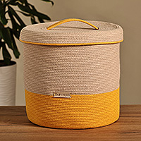 Cotton blend basket, 'Woven Whim' - Yellow and Beige Cotton Blend Lidded Basket Made in Armenia