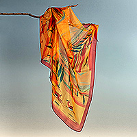 Silk chiffon scarf, 'Gazelle Fable' - Armenian-Inspired Hand-Painted Sheer Soft Silk Chiffon Scarf