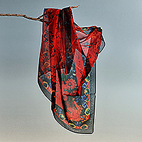 Silk chiffon scarf, 'Passionate Dream' - Floral Red and Blue Hand-Painted Sheer Silk Chiffon Scarf