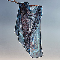 Silk chiffon scarf, 'Star Gates' - Traditional Hand-Painted Blue Sheer Soft Silk Chiffon Scarf