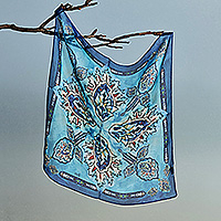 Silk chiffon scarf, 'Indigo Spring' - Armenian-Made Spring-Themed Painted Blue Silk Chiffon Scarf