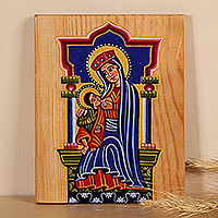 Wood wall art, 'Virgin Mary with Jesus' - Folk Art Painted Virgin Mary and Jesus Beech Wood Wall Art