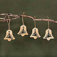 Wood ornaments, 'Fir Melodies' (set of 4) - 4-Piece Bell-Shaped Beech Wood Fir Ornament Set from Armenia