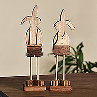 Wood sculptures, 'Bunny Friendship' (set of 2) - Set of 2 Hand-Carved Spring-Inspired Bunny Wood Sculptures