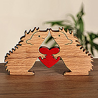 Wood ;puzzle sculpture, 'Spiky Love' (3 pieces) - Armenian-Made Romantic Three-Piece Wood Hedgehog Sculpture