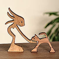 Wood sculpture, 'Caress of Friendship' (2 pieces) - Inspirational Animal Lover 2-Piece Beech Wood Sculpture