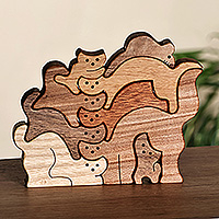 Wood puzzle sculpture, 'Feline Assembly' (9 pieces) - Hand-Carved Cat-Themed 9-Piece Wood Puzzle Made in Armenia