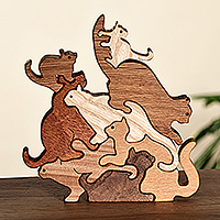 Wood puzzle sculpture, 'Cheeky Silhouettes' (8 pieces) - Artisan-Made Cat-Themed 8-Piece Wood Puzzle in Brown Hues