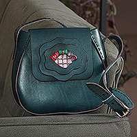 Leather and agate sling bag, 'Teal Horizon' - Artisan-Made 100% Leather and Agate Sling Bag in a Teal Hue