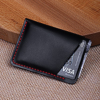 Leather card holder, 'Fiery Fortune' - Armenian Handcrafted Black and Red 100% Leather Card Holder