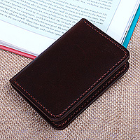 Leather card holder, 'Chocolate Wealth' - Dark Brown 100% Leather Bi-Fold Card Holder Made in Armenia