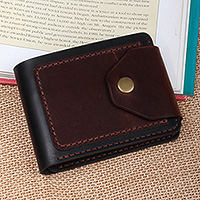 Leather wallet, 'Noble Vault' - Armenian Brown and Black Leather Wallet with Snap Closure