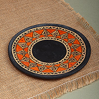 Ceramic decorative plate, 'Harmonious Heritage' - Orange and Black Armenian Patterned Ceramic Decorative Plate