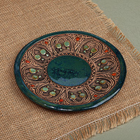 Ceramic decorative plate, 'Blooming Teal' - Spring-Themed Folk Art Glazed Teal Ceramic Decorative Plate