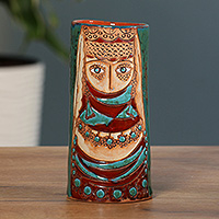 Ceramic vase, 'Girl of Van' - Folk Art-Themed Armenian Ceramic Vase in a Glazed Finish