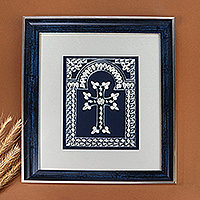 Paper wall accent, 'Folk Devotion' - Traditional Cross-Themed Blue and White Paper Wall Accent