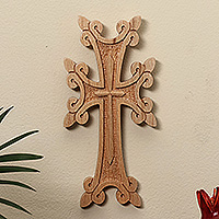 Wood cross, 'Sacred Sense' (small) - Traditional Carved Handcrafted Small-Sized Beech Wood Cross