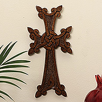 Wood cross, 'Everlasting Grace' (medium) - Folk Art Hand-Carved Dark Brown Beech Wood Cross (Medium)