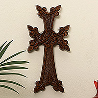 Wood cross, 'Everlasting Grace' (small) - Classic Hand-Carved Dark Brown Beech Wood Cross (Small)