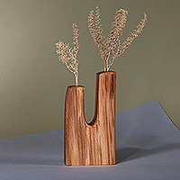 Wood decorative vase, 'Twin Nature' - Hand-Carved Abstract-Themed Brown Beechwood Decorative Vase