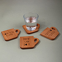 Wood coasters, 'Drinks & Quotes' (set of 4) - Inspirational Handmade Cup-Shaped 4-Piece Wood Coaster Set