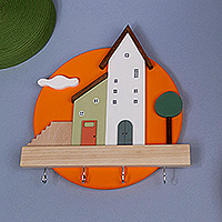 Wood key rack, 'Handy Home' - Hand-Painted Naïf-Inspired Beechwood Key Rack from Armenia