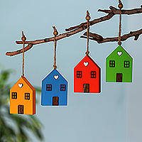 Wood ornaments, 'Colorful Home' (set of 4) - Whimsical Multicolor 4-Piece Beechwood House Ornament Set