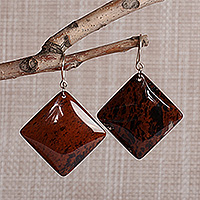 Obsidian dangle earrings, 'Square Bravery' - Square-Shaped Natural Obsidian Dangle Earrings from Armenia