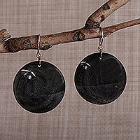 Obsidian dangle earrings, 'Lunar Darkness' - Minimalist Round Black Natural Obsidian Dangle Earrings