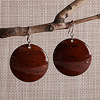 Obsidian dangle earrings, 'Lunar Boldness' - Fair Trade Round Dark Brown Natural Obsidian Dangle Earrings