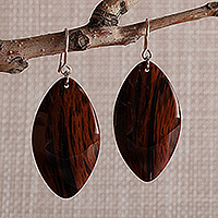 Obsidian dangle earrings, 'Puissant Silhouette' - Leaf-Shaped Natural Obsidian Dangle Earrings with Hooks